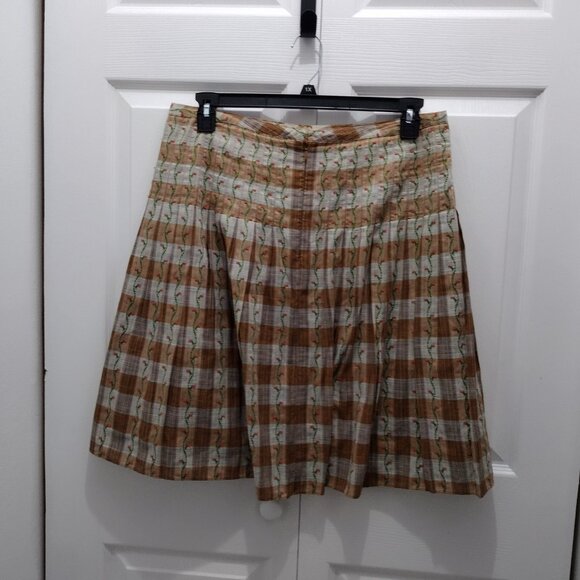 Free People Pleated Plaid Skirt Size 12 Floral Embroidered Cotton Boho Cottageco - Picture 6 of 10